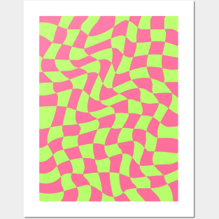 Pink and Green Wavy Checkered Pattern Posters and Art
